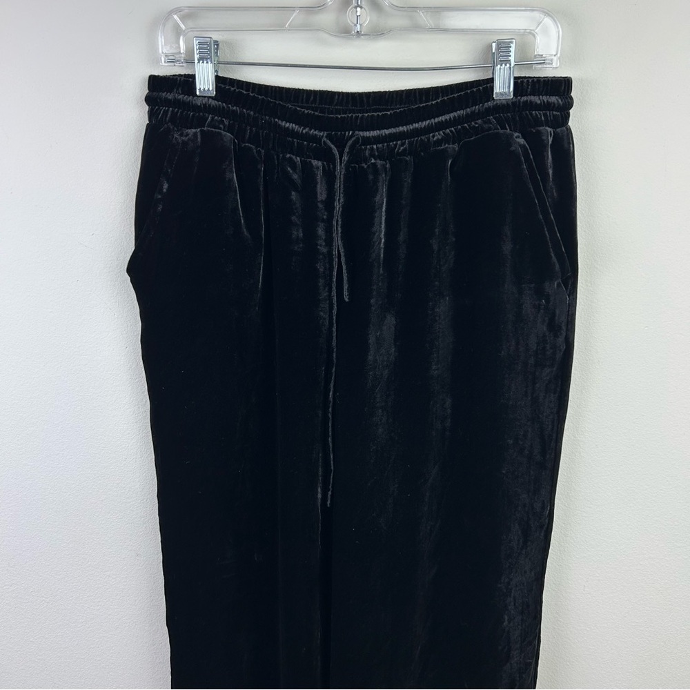Garnet Hill Black wide-leg velvet velour pants rayon/silk blend pull on pants - Picture 2 of 9